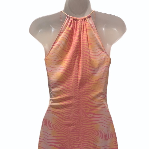 Y2K GUESS Animal Print Split Neck Mini Dress Sunset Orange Pink S Cocktail Party - Picture 10 of 16